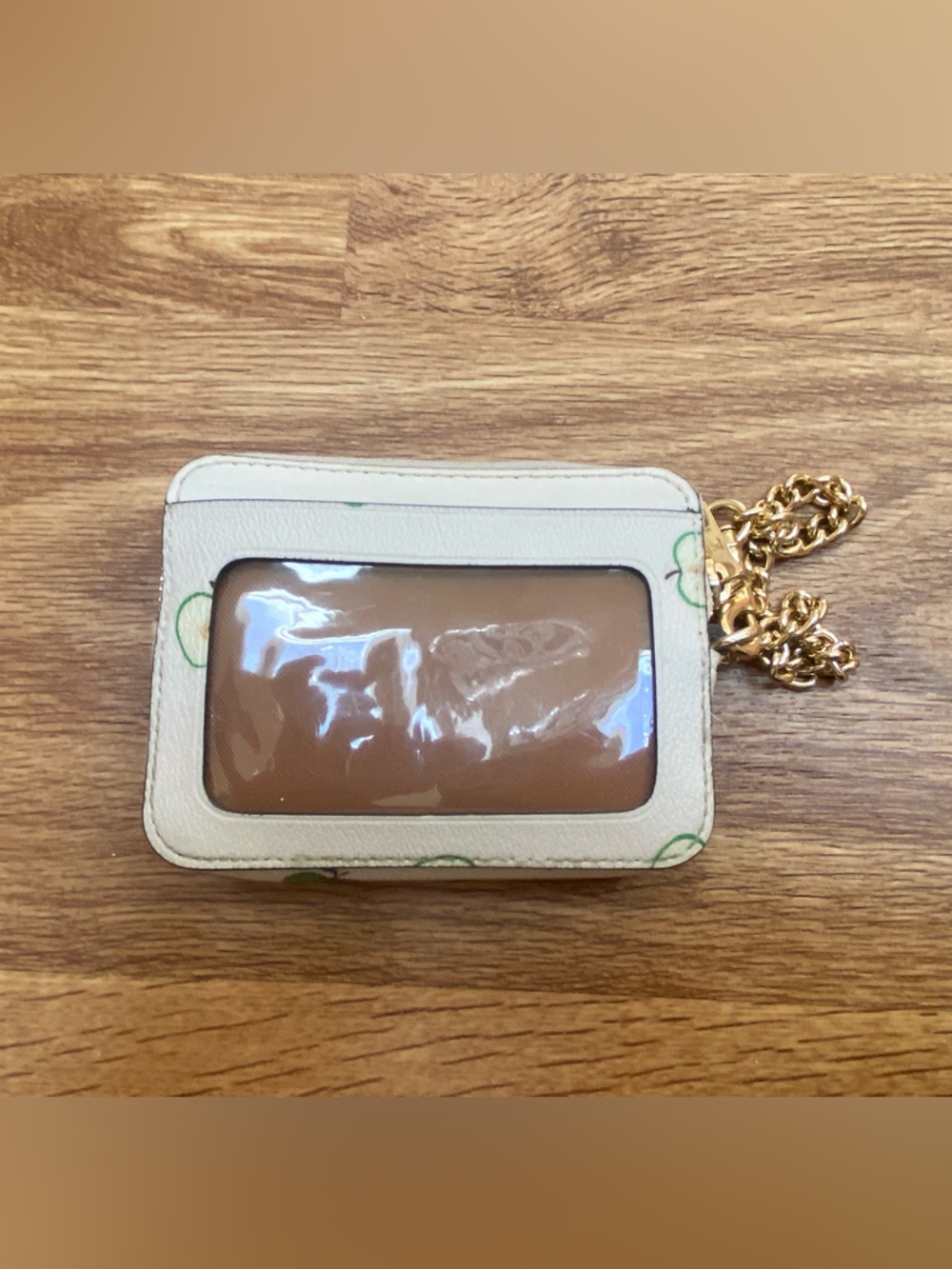 Coach White Card Case with Green Apple Print and Gold Chain - Picture 2 of 4